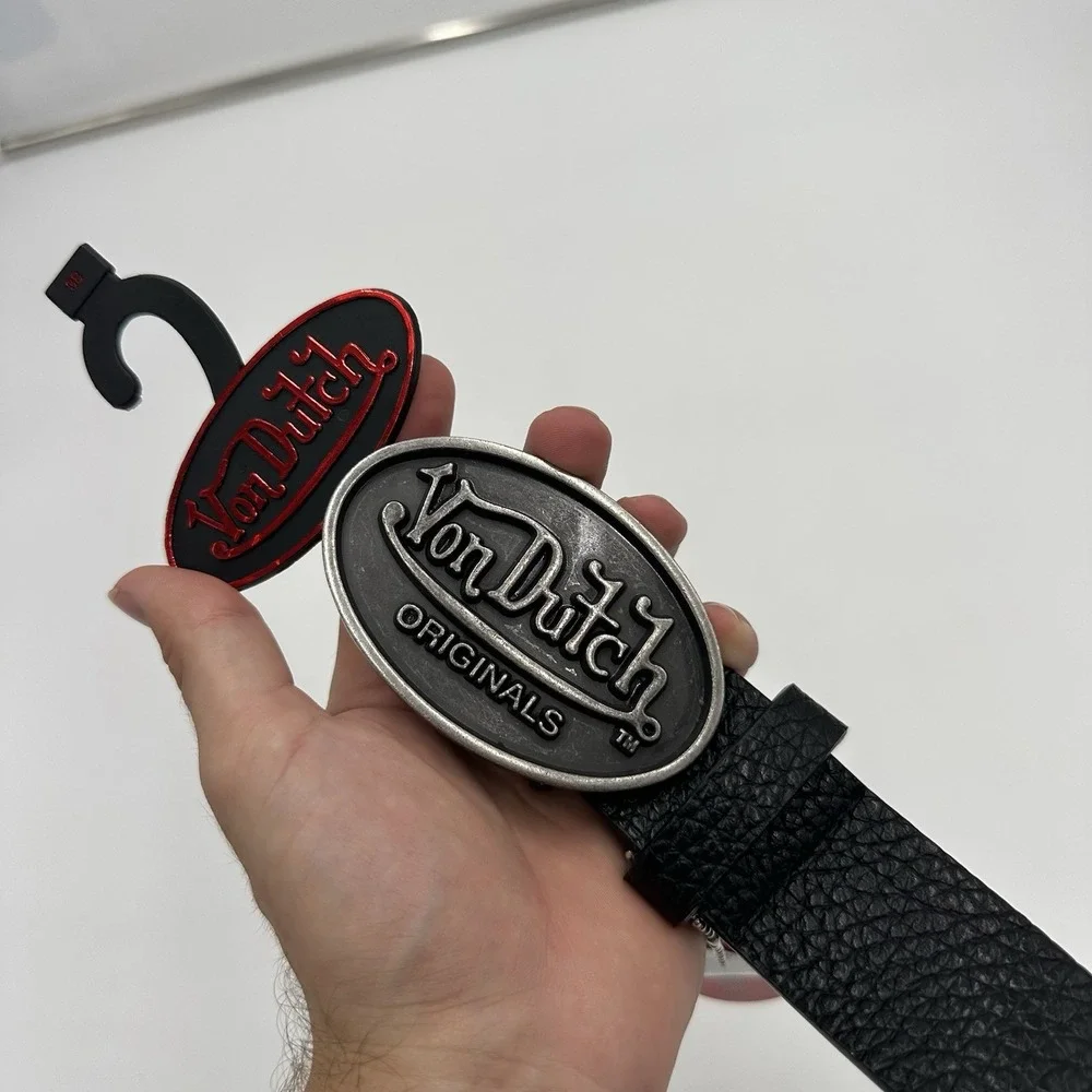 NWT Von Dutch Men's Belt Solid Big Logo Buckle Black Leather Sz 38 Y2K grunge
